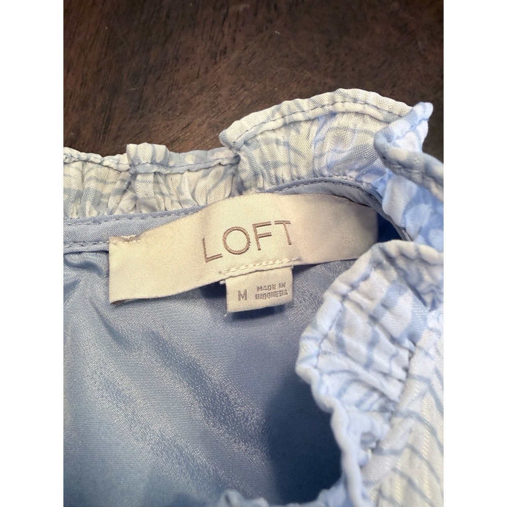 Loft Dress Medium Blue Print Crepe Crinkle sleeveless pockets - Picture 3 of 7